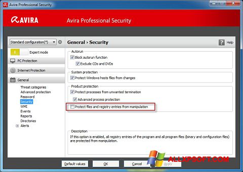 Ekraanipilt Avira Professional Security Windows XP