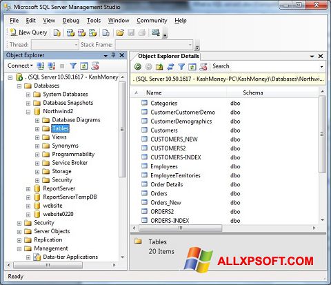Ekraanipilt Microsoft SQL Server Windows XP
