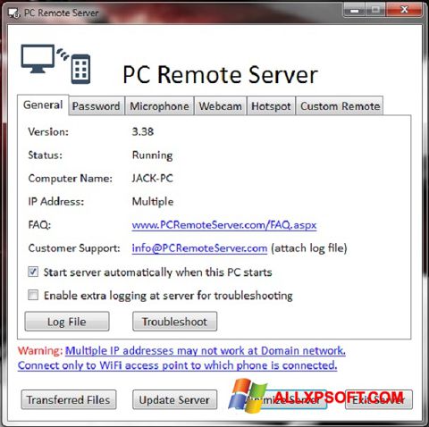 Ekraanipilt PC Remote Server Windows XP