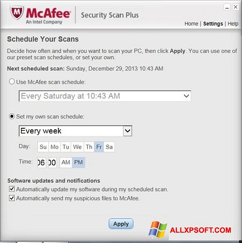 Ekraanipilt McAfee Security Scan Plus Windows XP