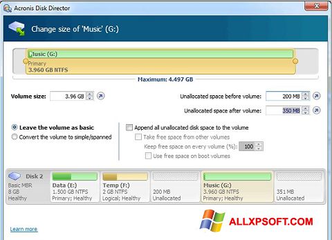 Ekraanipilt Acronis Disk Director Suite Windows XP