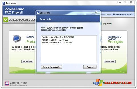 Ekraanipilt ZoneAlarm Windows XP