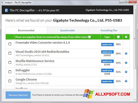 Ekraanipilt PC Decrapifier Windows XP