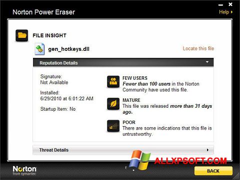 Ekraanipilt Norton Power Eraser Windows XP