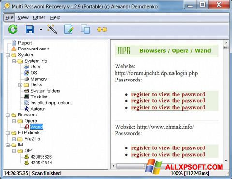 Ekraanipilt Multi Password Recovery Windows XP
