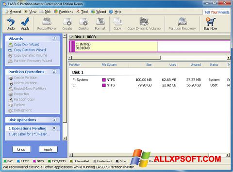 Ekraanipilt EASEUS Partition Master Windows XP