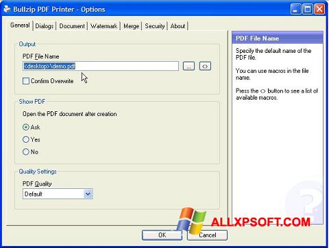 Ekraanipilt BullZip PDF Printer Windows XP