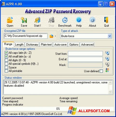 Ekraanipilt Advanced Archive Password Recovery Windows XP