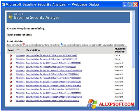 Ekraanipilt Microsoft Baseline Security Analyzer Windows XP