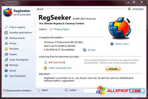 Ekraanipilt RegSeeker Windows XP