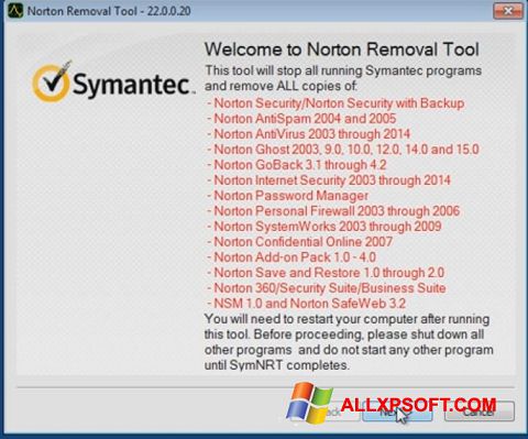 Ekraanipilt Norton Removal Tool Windows XP