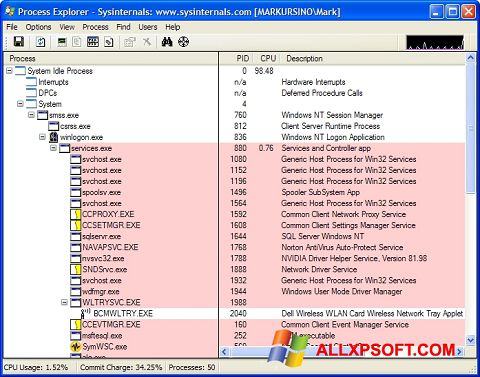 Ekraanipilt Process Explorer Windows XP