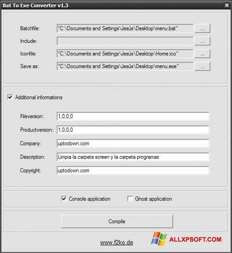Ekraanipilt Bat To Exe Converter Windows XP