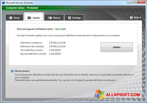 Ekraanipilt Microsoft Security Essentials Windows XP